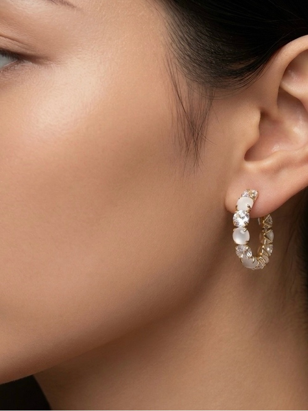 Gold-Tone Hoop Earrings with Alternating Cat eye (Opal-style)